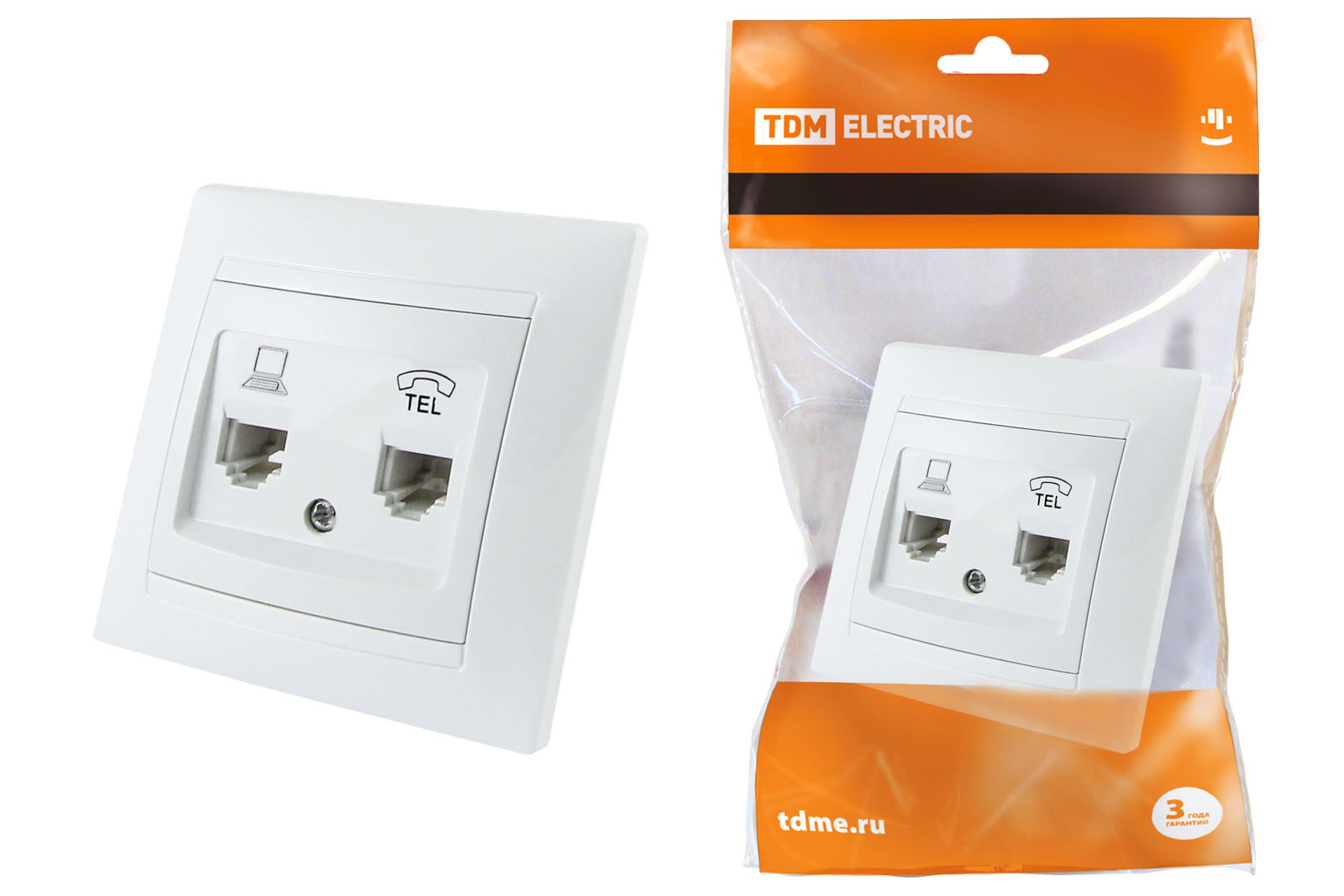 Розетка телефонная RJ11 + компьютерная RJ45 белая Лама Розетка телефонная RJ11 + компьютерная RJ45 белая Лама